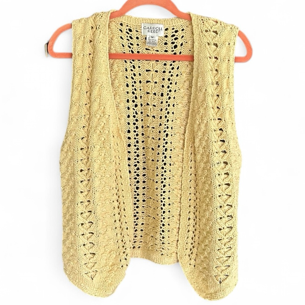 VINTAGE 90S CARROLL REED Silk Butter Yellow Open Knit Vest Boho Indie | Size M